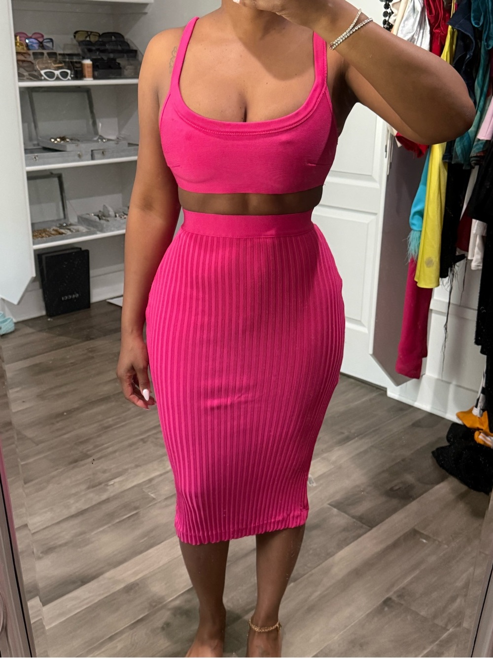 House of CB Vibrant Hot Pink Ribbed Pencil Skirt